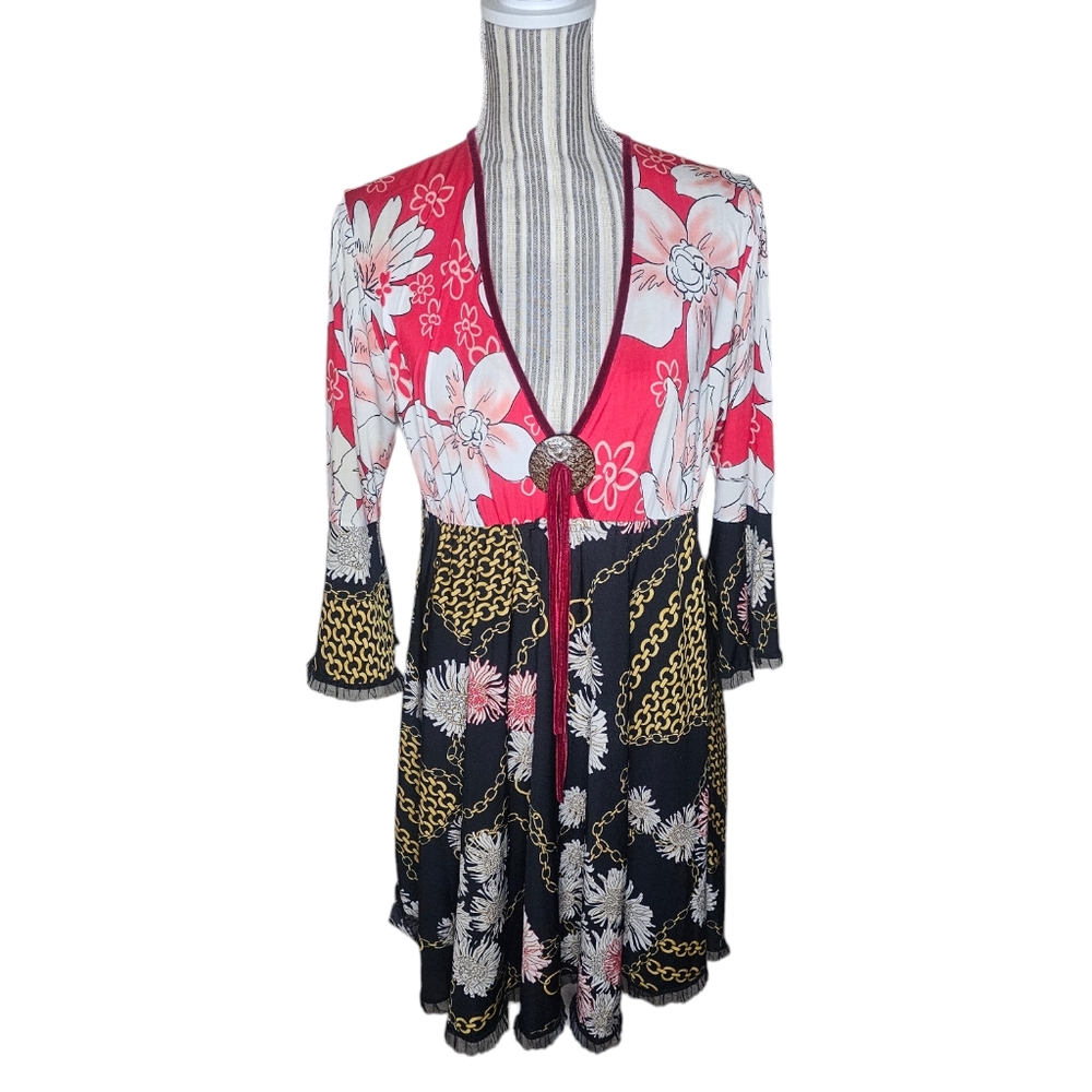 PACA women's black/red/white floral v-neck  3/4 sleeves dress size XL